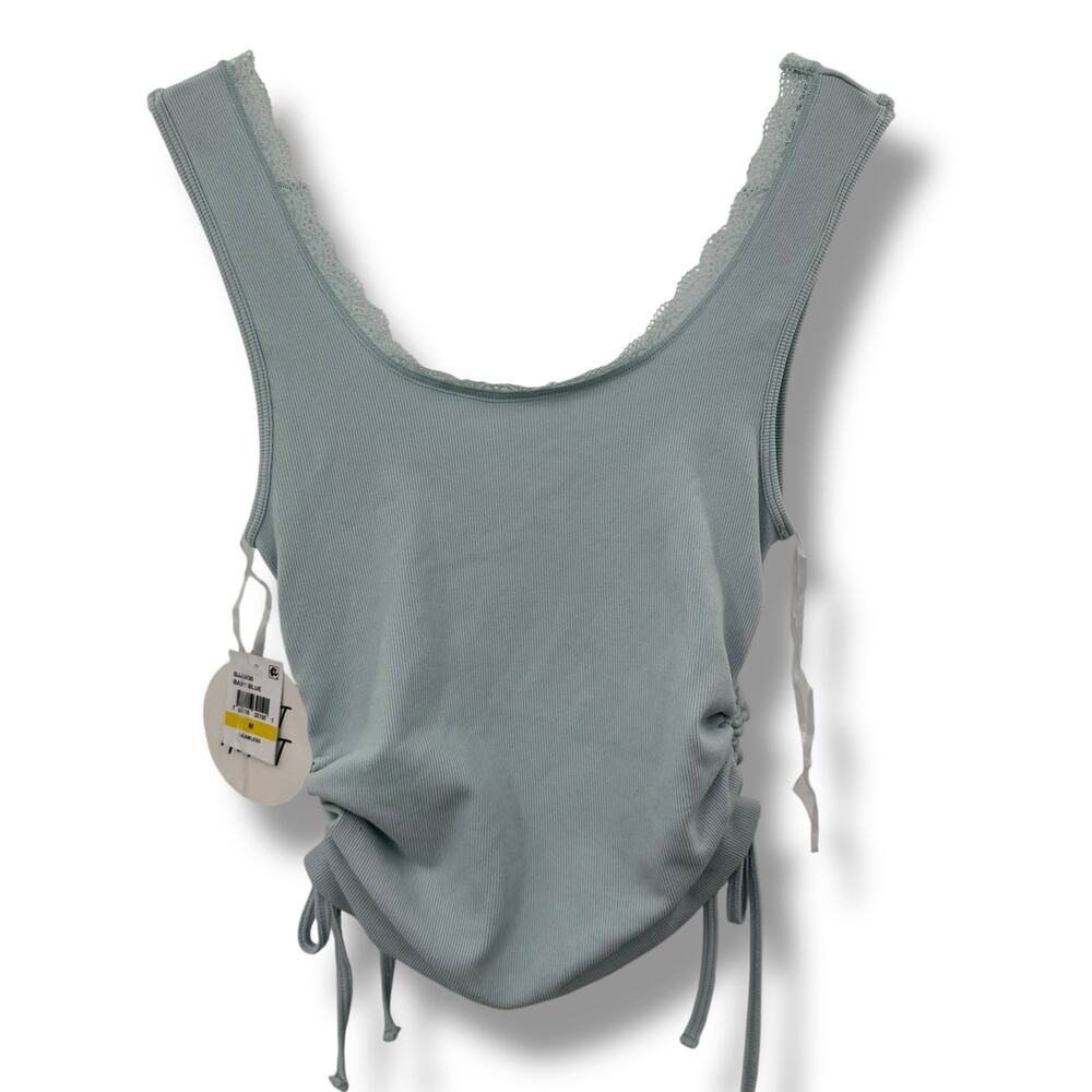 NEW Baby Blue Ribbed Tank Top Size Small Ruched Tie Side Seamless Crop Macy's - Picture 1 of 6